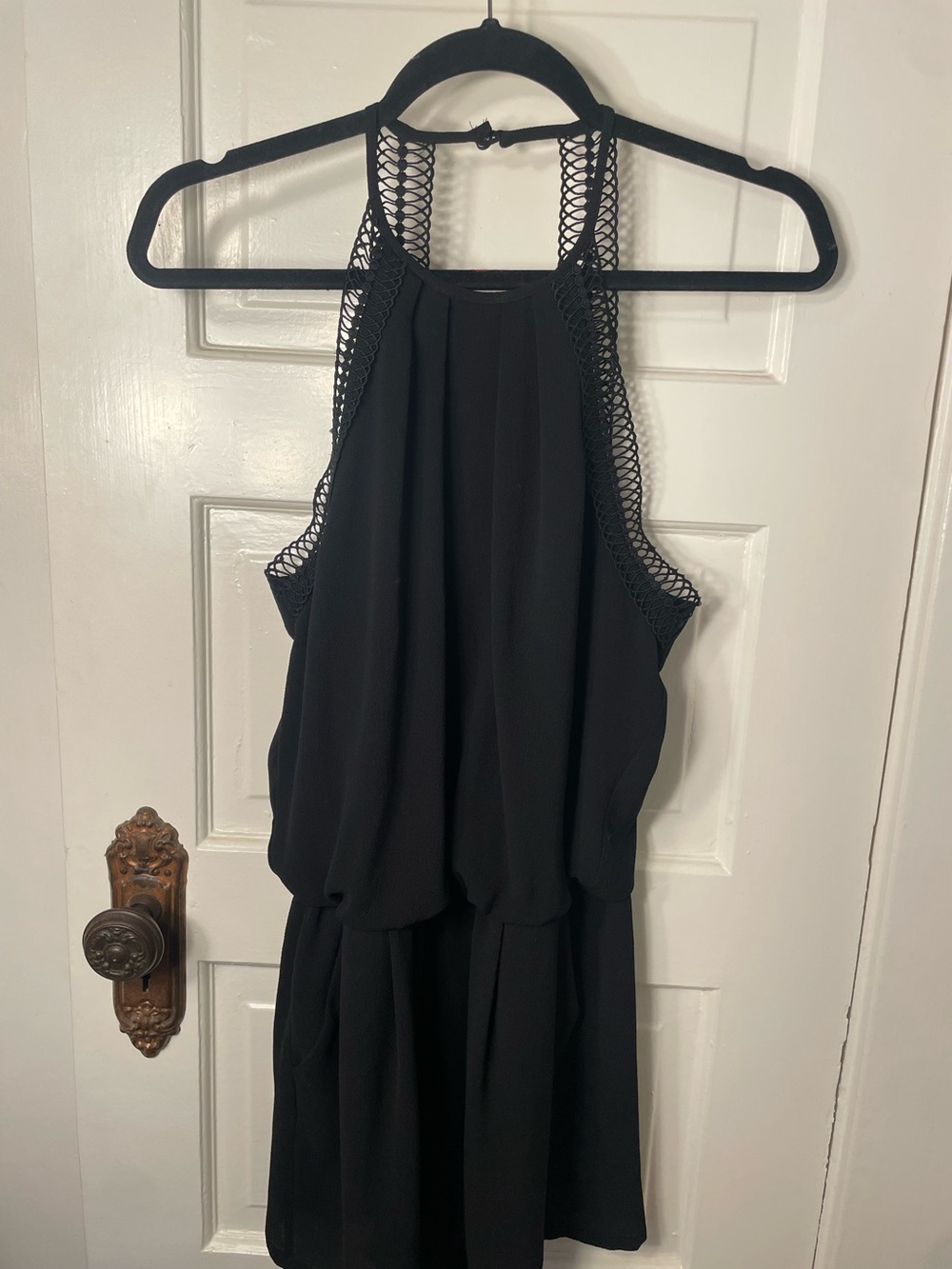 Bisou Bisou Black Halter Romper with Mesh Strap Detail
